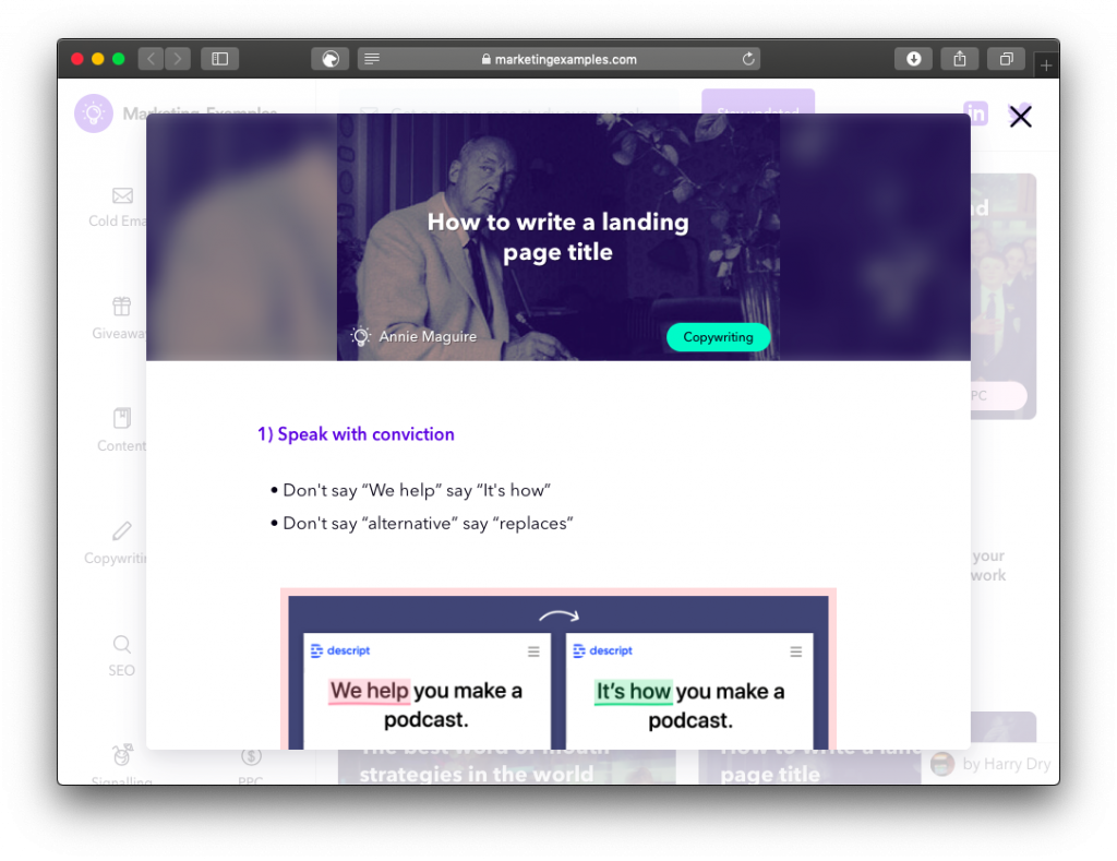 Screenshot av sidan marketing examples. Den ger dig nya case varje torsdag i ett nyhetsbrev och tipsar om hur andra skriver copy.